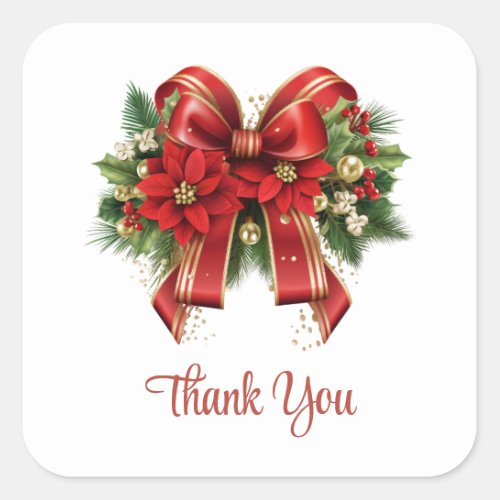 Festive Red and Gold Christmas Bow Thank You Square Sticker