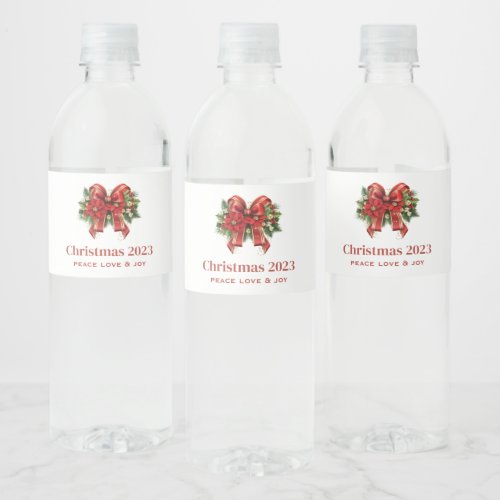 Festive Red and Gold Christmas Bow Water Bottle Label