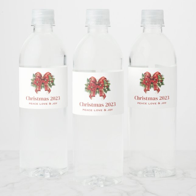 Festive Red and Gold Christmas Bow Water Bottle Label (Bottles)