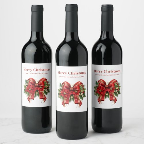 Festive Red and Gold Christmas Bow Wine Label