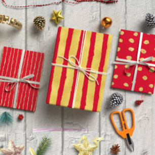 Festive Red and Gold Christmas Glitter Stripes Wrapping Paper Sheets