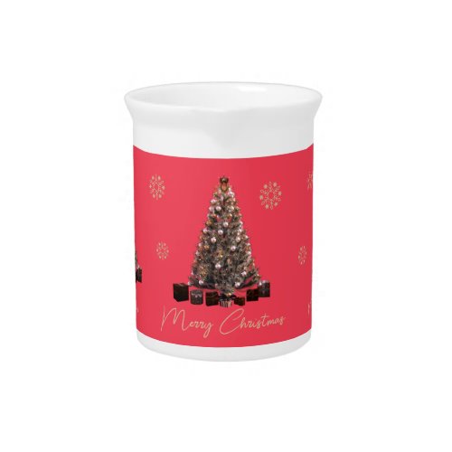 Festive Red and Gold Christmas Tree Snow Flakes Beverage Pitcher