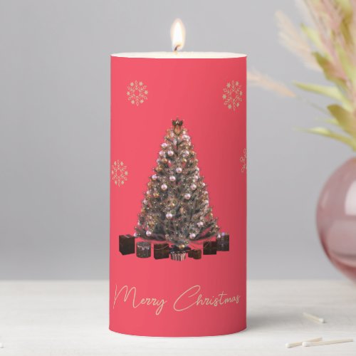 Festive Red and Gold Christmas Tree Snow Flakes Pillar Candle