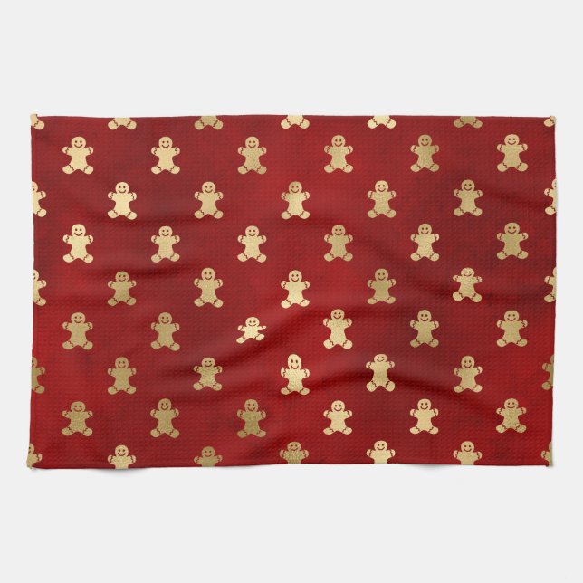 Festive Red and Gold Foil Winter Gingerbread Man Kitchen Towel (Horizontal)