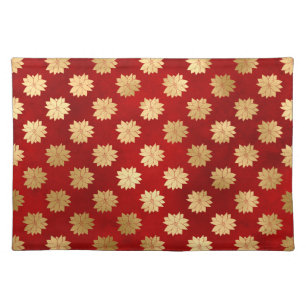 Festive Red and Gold Foil Winter Poinsettia Flower Cloth Placemat