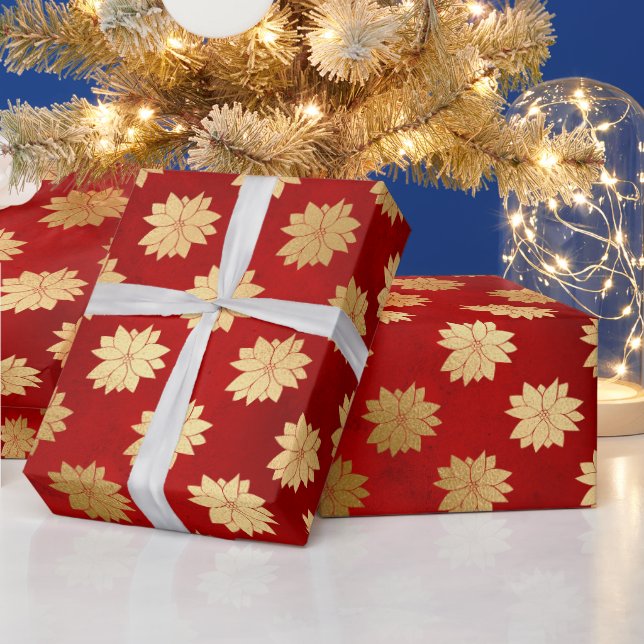 Festive Red and Gold Foil Winter Poinsettia Flower Wrapping Paper (Holidays)