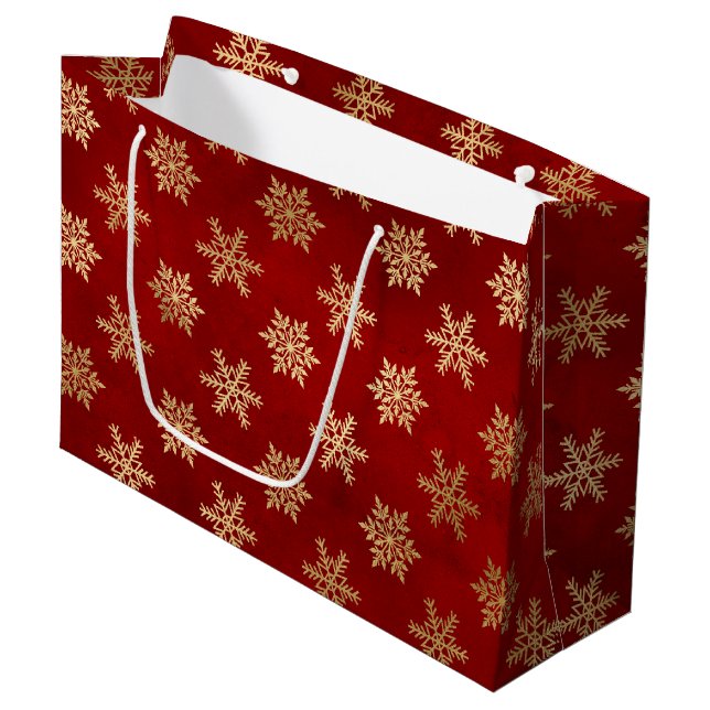Festive Red and Gold Foil Winter Snowflakes Large Gift Bag (Front Angled)