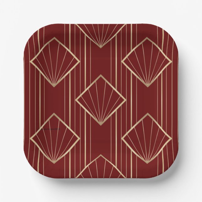 Festive red and gold pattern paper plates (Front)