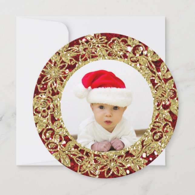 Festive Red and Gold Photo Round Holiday Card (Front)