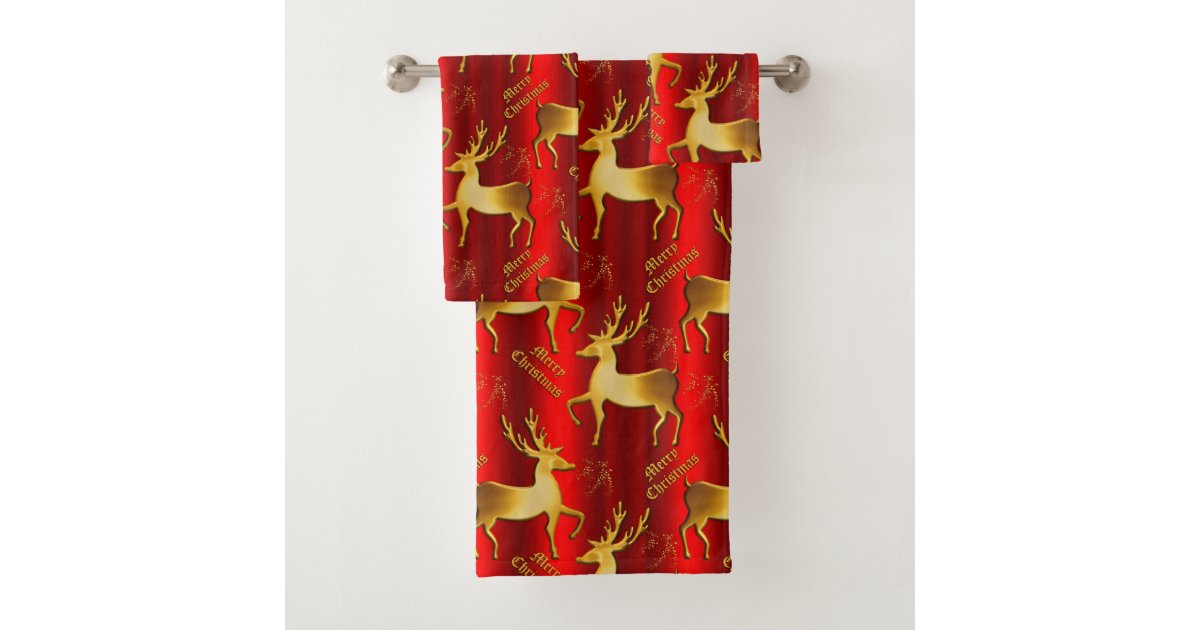 Festive Red and Gold Reindeer Merry Christmas Bath Towel Set Zazzle