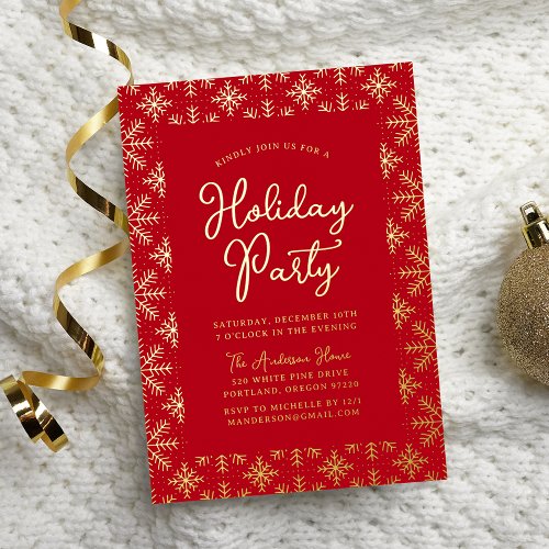 Festive Red and Gold Snowflakes Holiday Party Foil Invitation