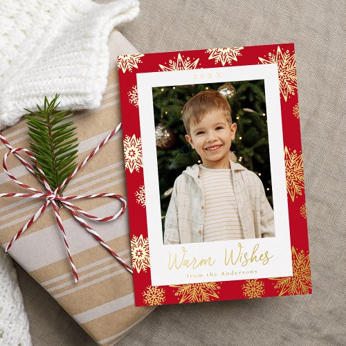Festive Red and Gold Snowflakes Photo Foil Holiday Card