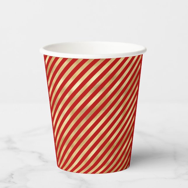 Festive Red and Gold Stripes Paper Cups (Front)