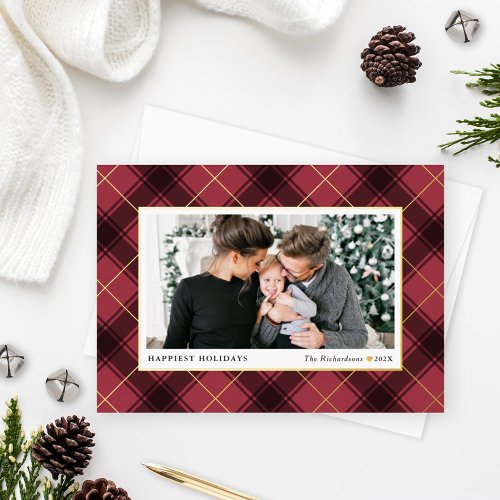 Festive Red and Gold Tartan Plaid Photo Foil Holiday Card
