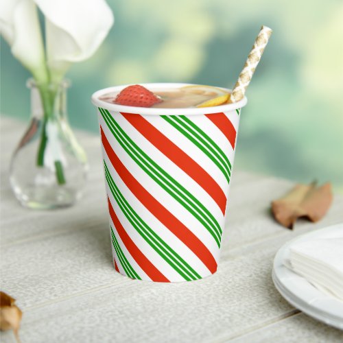 Festive Red and Green Candy Cane Striped Christmas Paper Cups