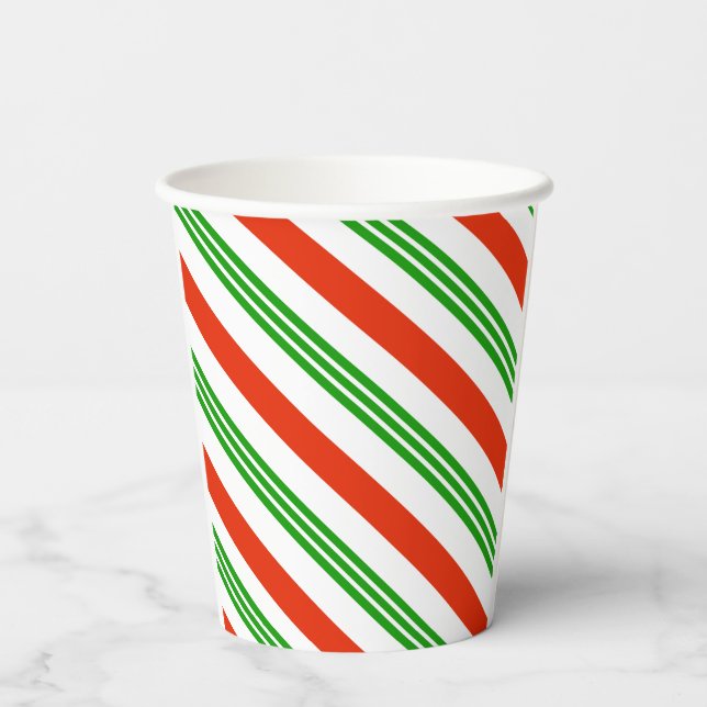 Festive Red and Green Candy Cane Striped Christmas Paper Cups