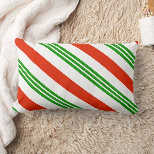 Festive Red and Green Candy Cane Striped Lumbar Pillow