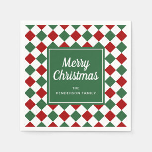Festive Red And Green Check Merry Christmas Napkins