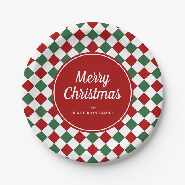 Festive Red And Green Checked Christmas Paper Plates (Front)
