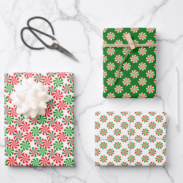 Festive Red and Green Christmas Candy Swirls Wrapping Paper Sheets (Front)