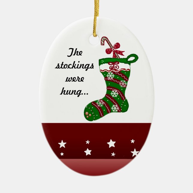 Festive Red and Green Christmas Stocking Ceramic Ornament (Front)