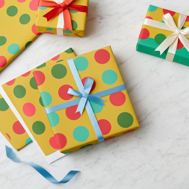 Festive Red and Green Dots on Gold Wrapping Paper (Birthday wrapping paper)