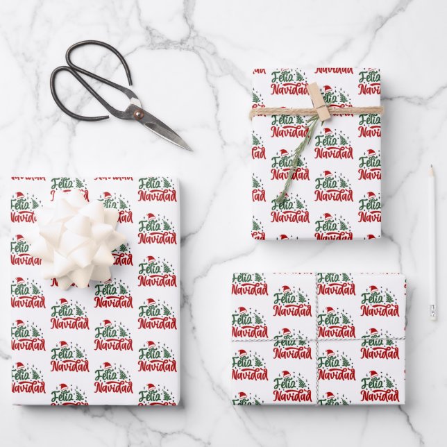 Festive Red and Green Feliz Navidad  Wrapping Paper Sheets (Front)