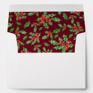 Festive Red And Green Holly Printed Inside Envelope