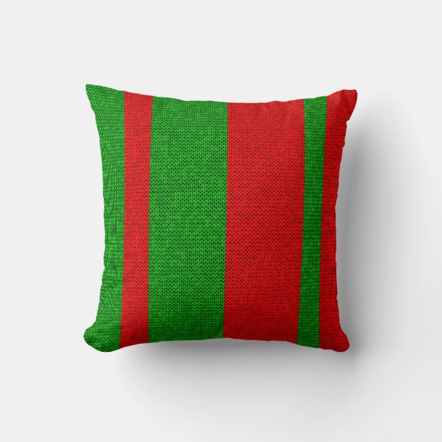 Festive Red and Green Knit Knitting Stripe Pattern Throw Pillow (Front)