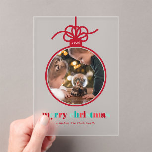 Festive Red and Green Lettering Ornament Photo Acrylic Invitations