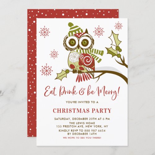 Festive Red and Green Owl Christmas Party Invitation