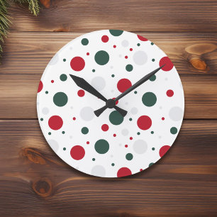 Festive Red and Green Polka Dot Christmas Round Clock