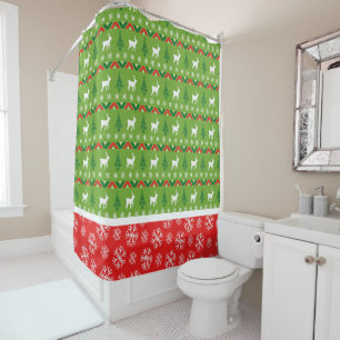 Festive Red and Green Reindeers, Trees, Snowflakes Shower Curtain