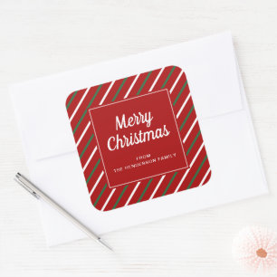 Festive Red And Green Stripes Merry Christmas Square Sticker