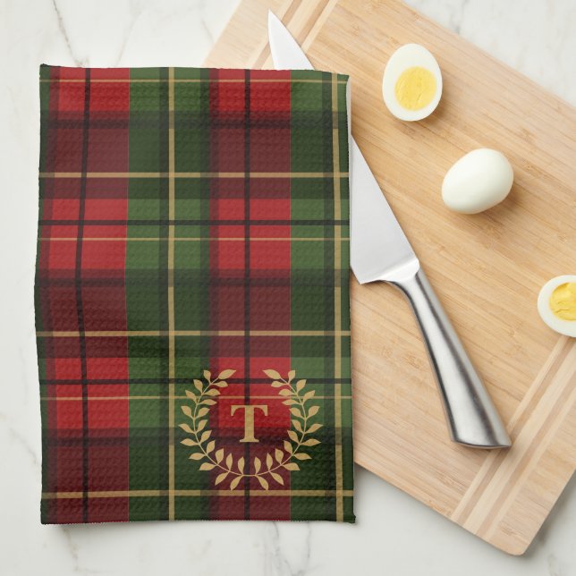 Festive Red And Green Tartan With Custom Monogram Kitchen Towel (Quarter Fold)