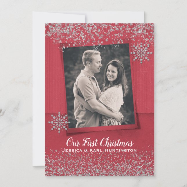 Festive Red and Silver Christmas Photo Card (Front)