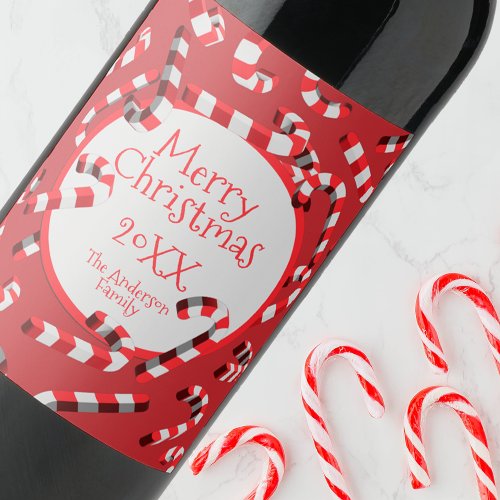 Festive Red and White Candy Canes Christmas Wine Label