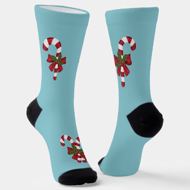 Festive Red And White Candy Canes On Light Blue Socks (Angled)