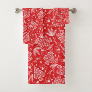 Festive Red and White Christmas Tree and Holly Bath Towel Set