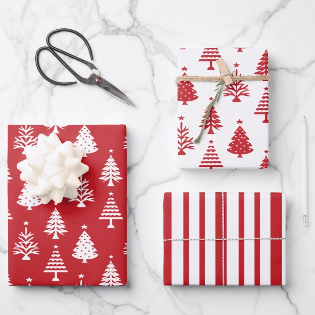 Festive Red and White Christmas Tree Pattern Wrapping Paper Sheets (Front)