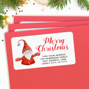 Festive Red and White Cute Gnome Merry Christmas Label