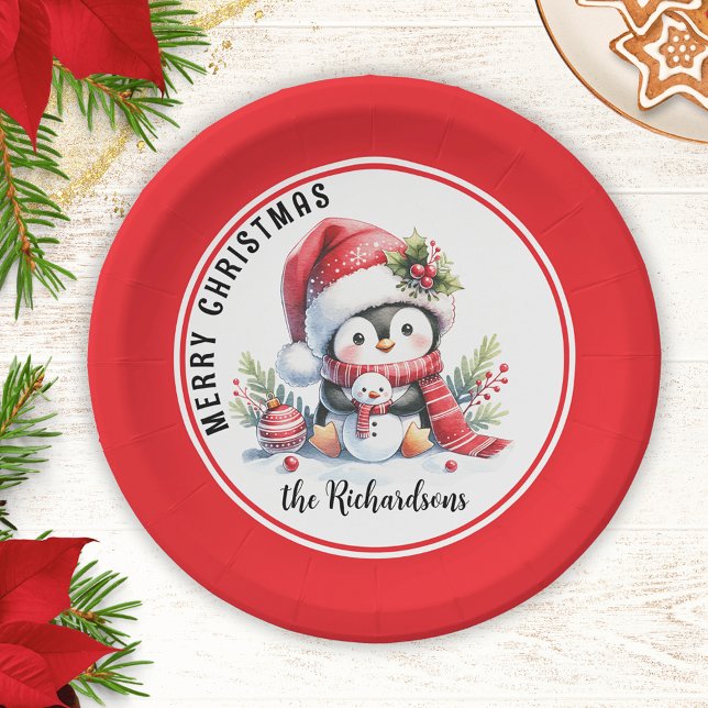 Festive Red and White Cute Penguin Merry Christmas Paper Plates (Creator Uploaded)