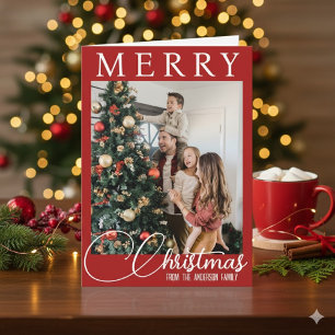 Festive Red And White Family Photo Christmas Holiday Card