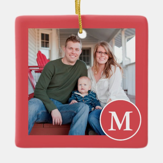 Festive Red and White Monogram Photo Ceramic Ornament (Front)