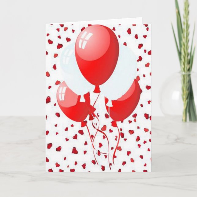 Festive Red and White Party Balloons Holiday Card (Front)