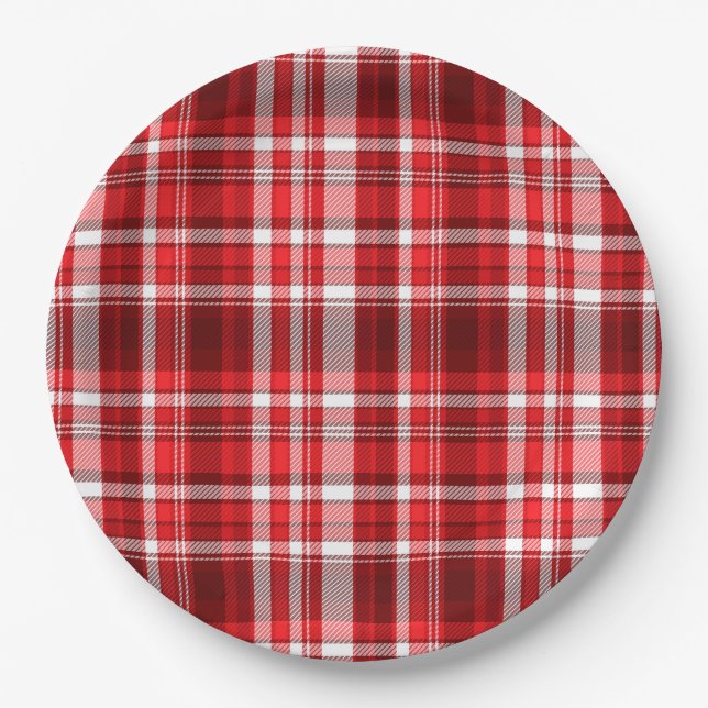 Festive Red and White Plaid Paper Plates (Front)