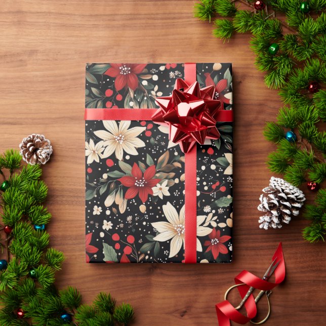 Festive Red and White Poinsettia Christmas Holiday Wrapping Paper (Holiday Gift)