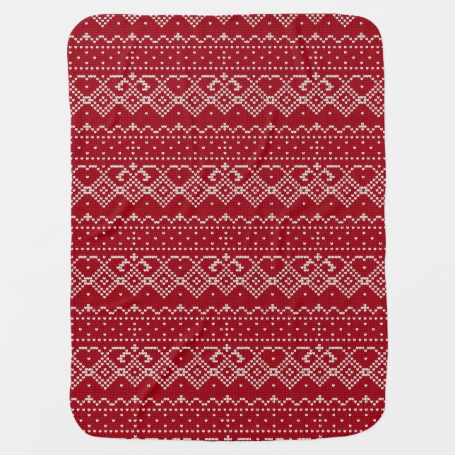 Festive Red and White Scandinavian Knit Pattern Baby Blanket (Front)