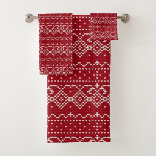 Festive Red and White Scandinavian Knit Pattern Bath Towel Set