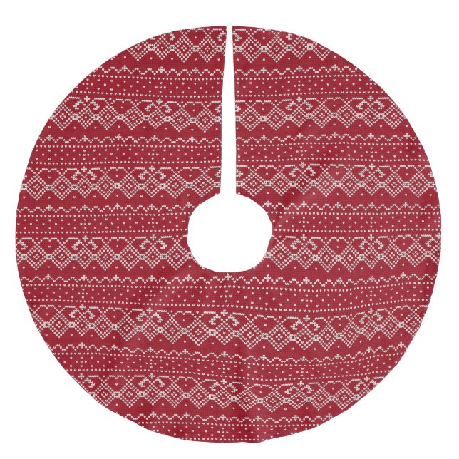 Festive Red and White Scandinavian Knit Pattern Brushed Polyester Tree Skirt (Front)